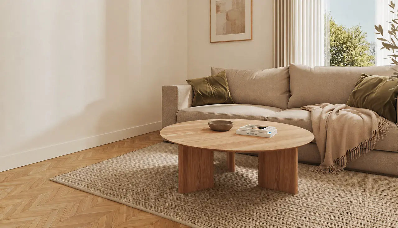 Sofabordet Niva i massivt egetræ foran en lys sofa